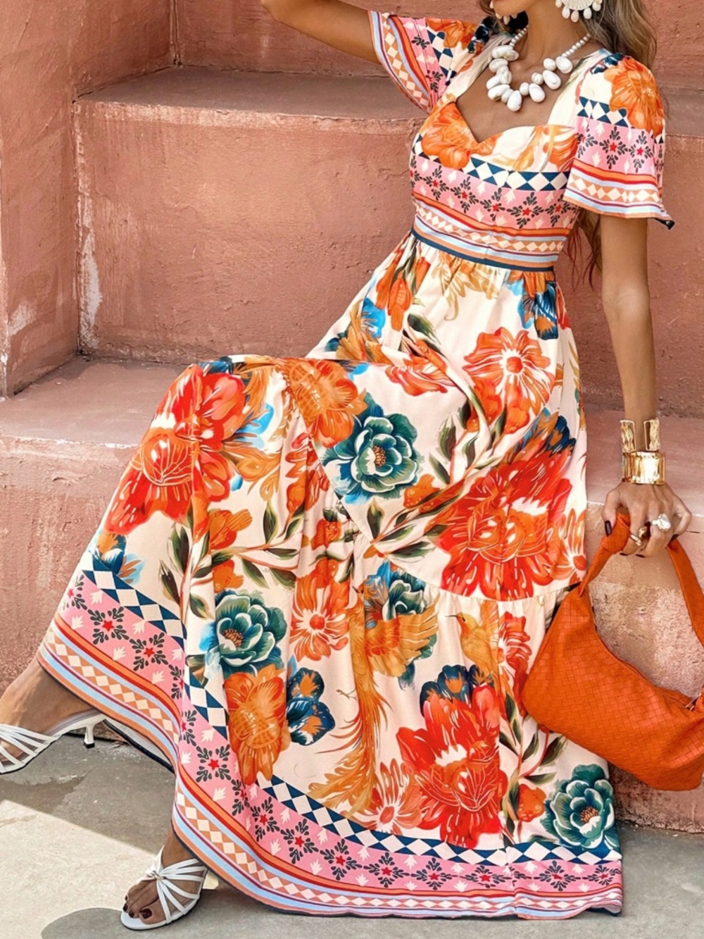 Boho Floral Print Short Sleeve High Waisted Dress